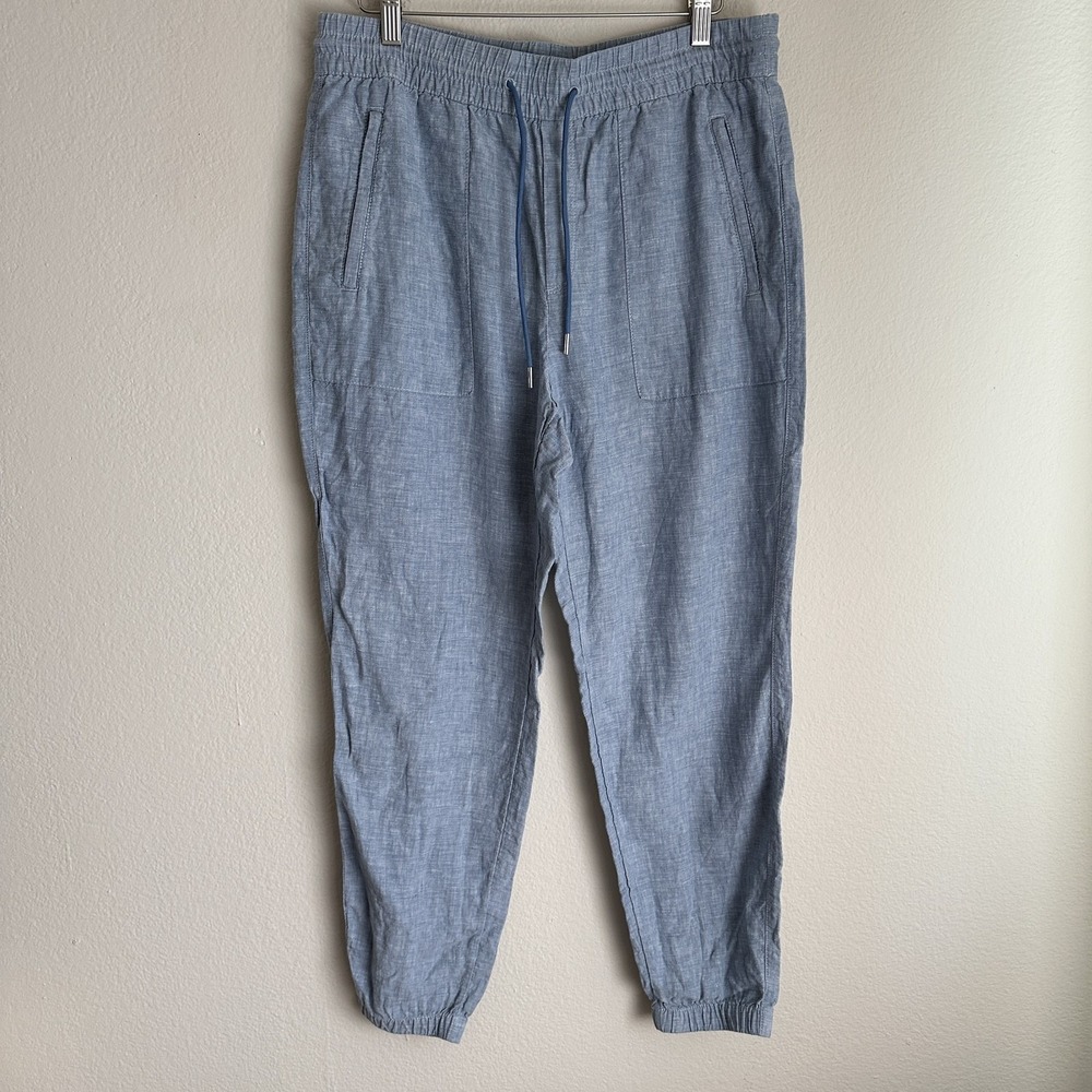 Athleta Jogger Pants Womens 10 Blue Linen Blend Elastic Waist Casual Pocket